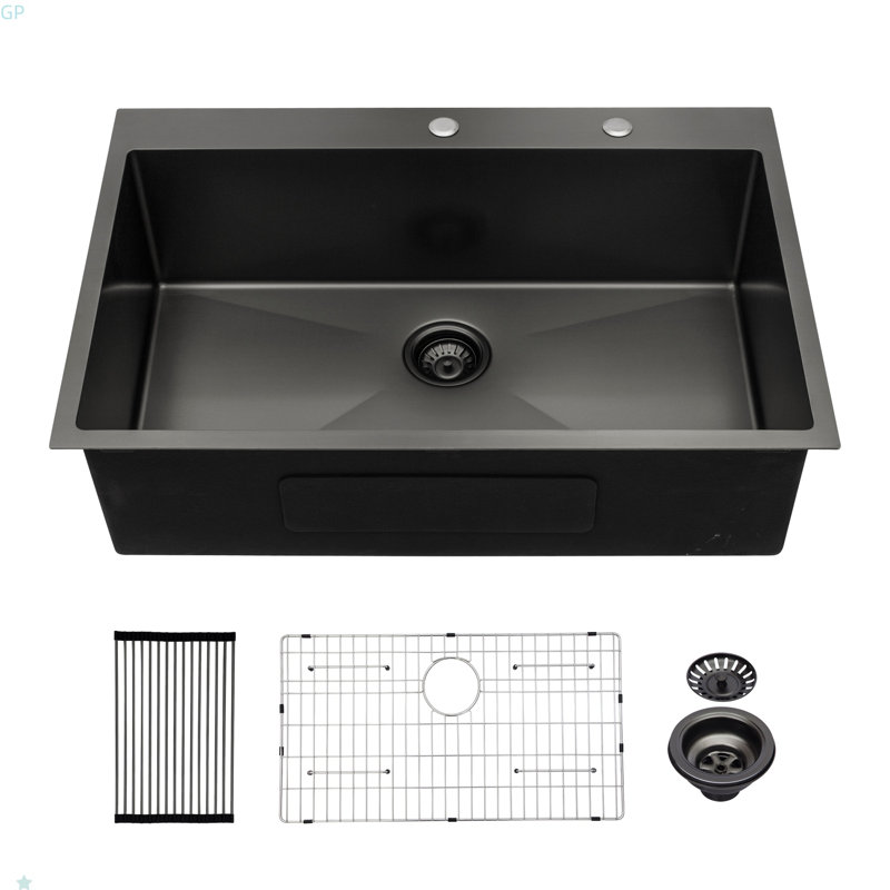 33X22 Inch Kitchen Sink Drop In Gunmetal Black 16 Gauge Stainless Steel 33" Single Bowl Topmount Kitchen Sink Basin