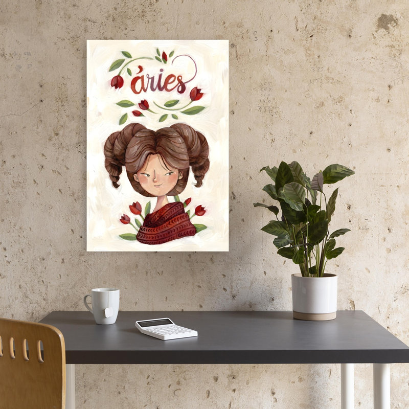 Aries Girl With Tulips Whimsical Contemporary Tulip Nature Portrait Wall Art Print 1 Piece Wrapped Canvas Wall Art
