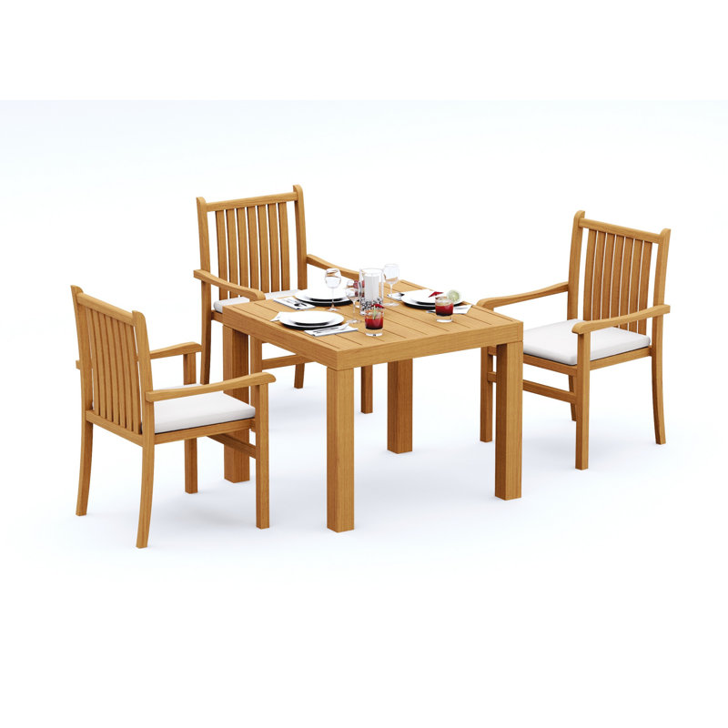 Ensemble de salle à manger 4 pièces en bois de teck de qualité A: table carrée de 36 po et 3 chaises empilables Angarano # 11CH0803