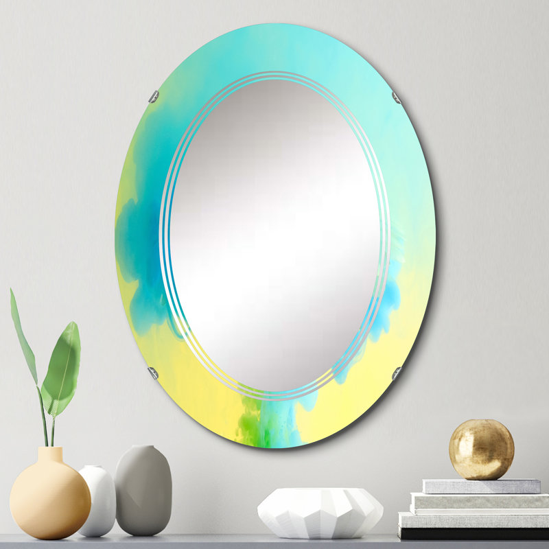 Encre turquoise sur fond jaune - miroir mural moderne ovale, 30 po x 20 po