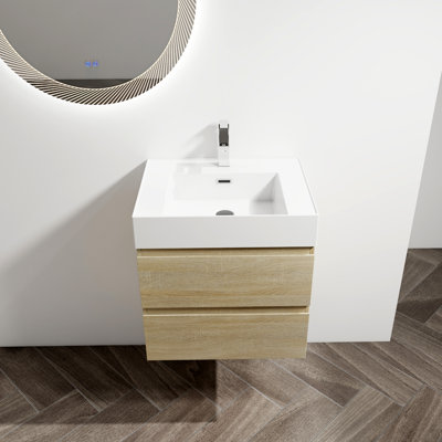 Meuble-lavabo mural 24 po avec lavabo en résine, 2 tiroirs à fermeture en douceur, ensemble KD