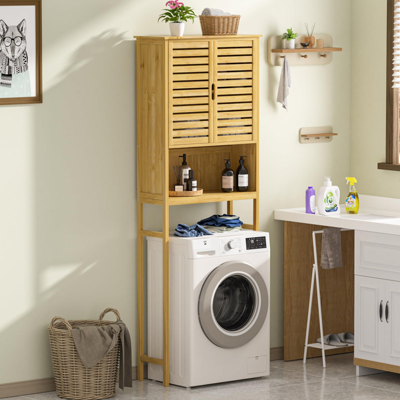 Étagère de rangement au-dessus de la toilette avec portes, organisateur de salle de bain autoportant en bambou naturel avec tablette réglable