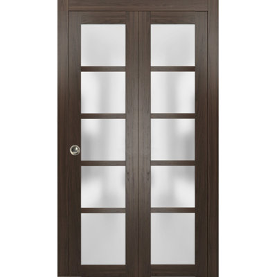 Sliding Closet Bi-fold Doors 24 x 96 Quadro 4002 Ginger Ash with Frosted Glass Sturdy Tracks Moldings Trims Hardware Set Wood Solid Bedroom Wardrobe Doors