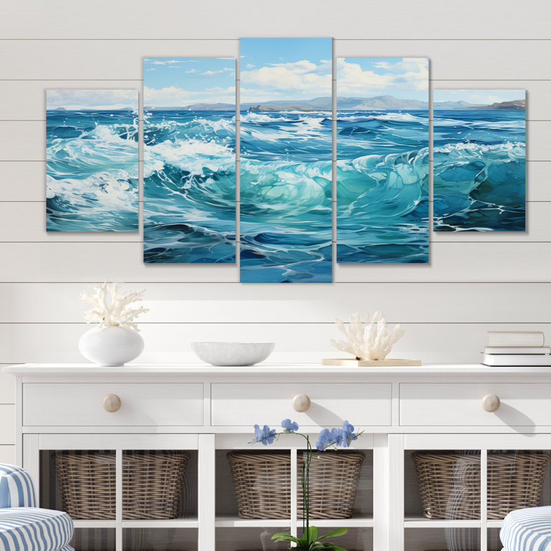 Teal Ocean Infinity - Art mural sur toile paysages - 5 panneaux