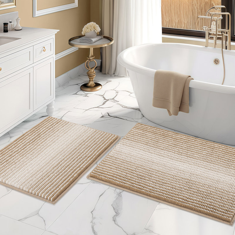 Luxury Fluffy Absorbent Non‑Slip Chenille Bath Rugs, Beige, 20" x 32" Plus 16" x 24"