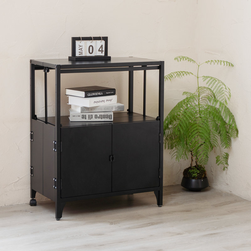 Accent 23.6’’ Wide  Foldable Metal Double Layer Cabinet with  Wheels Easy Assemble end table, Black