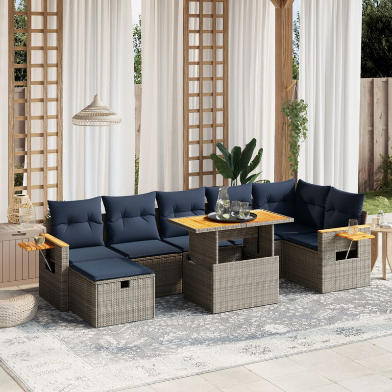  8 Piece Patio Sofa Set With Cushions Poly Rattan, Gray, Blue