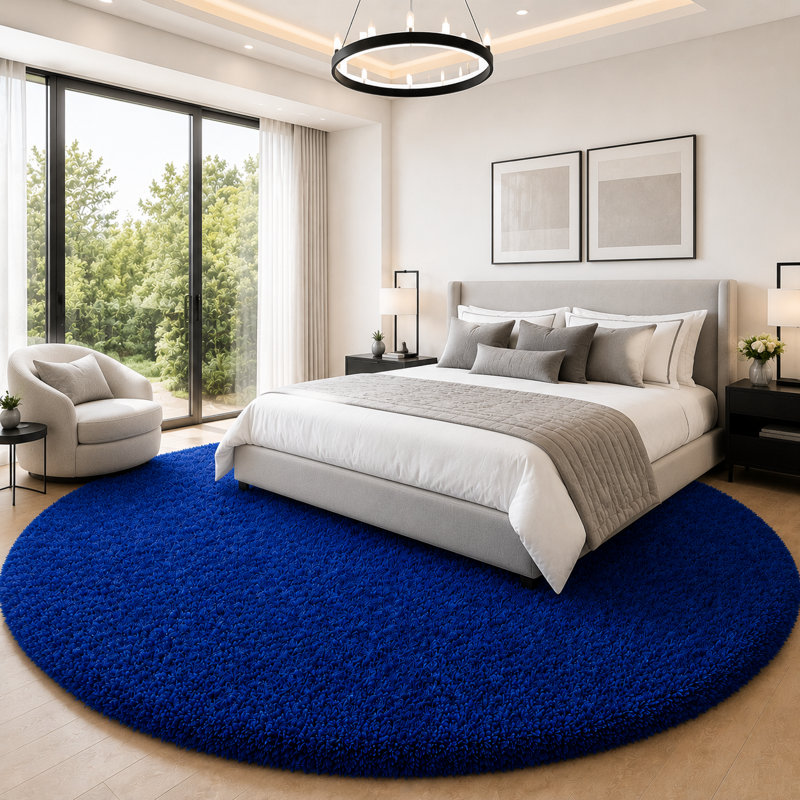 Ebern Designs Soft Fluffy Blue Shag Area Rug for Living Room Bedroom Nursery Kids Room, Blue, Round 5'