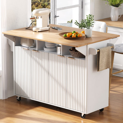 Îlot de cuisine cannelé avec 2 abattants, chariot de rangement de cuisine avec prise de courant, 4 portes, support à épices, table d'îlot roulant avec plateau en grain de bois, bord courbé