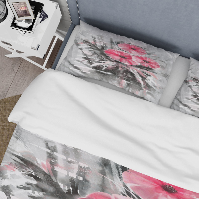 Fleurs abstraites rouges sur fond gris - ensemble de housse de couette traditionnel - microfibre de polyester