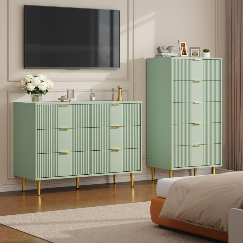 Commode cannelée 39 tiroirs avec poignées en métal 39,4 po, Vert