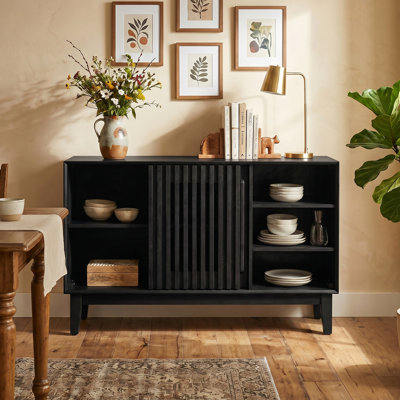 47.3" Sideboard Buffet Cabinet with Storage, Farmhouse Fluted Sideboard with 2 Doors & Solid Wood Feet, TV Media Console, Black Storage Cabinet for Kitchen, Dining Room and Living Room