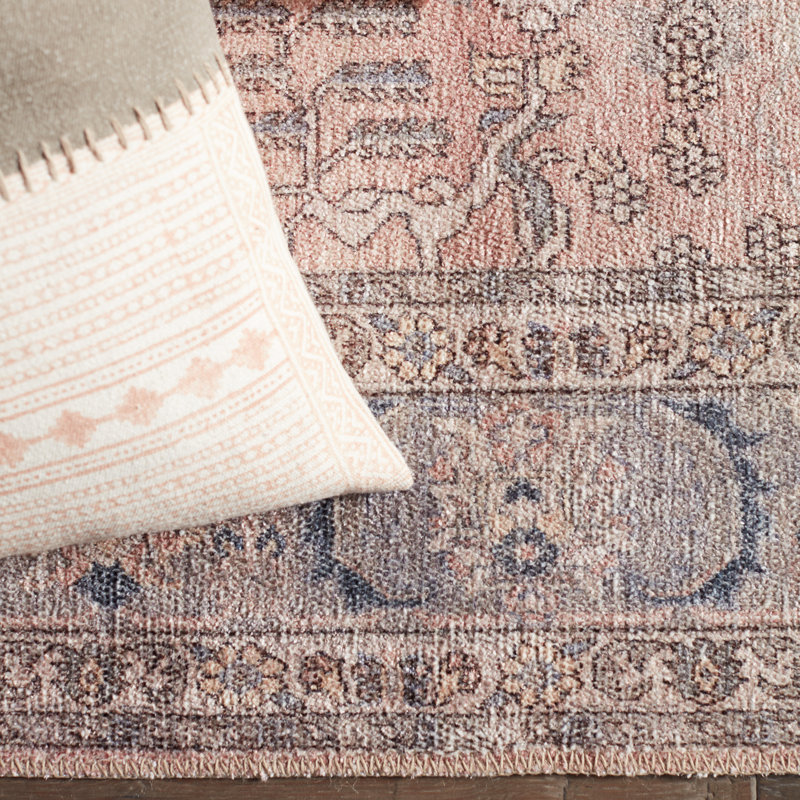 Tapis oriental rose tissé à la machine en polyester tissé à la machine Elodie, Rectangle 9 pi x 12 pi