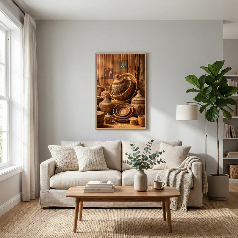 Art mural sur toile avec paniers tissés avec perles suspendues, 24"H x 18"W