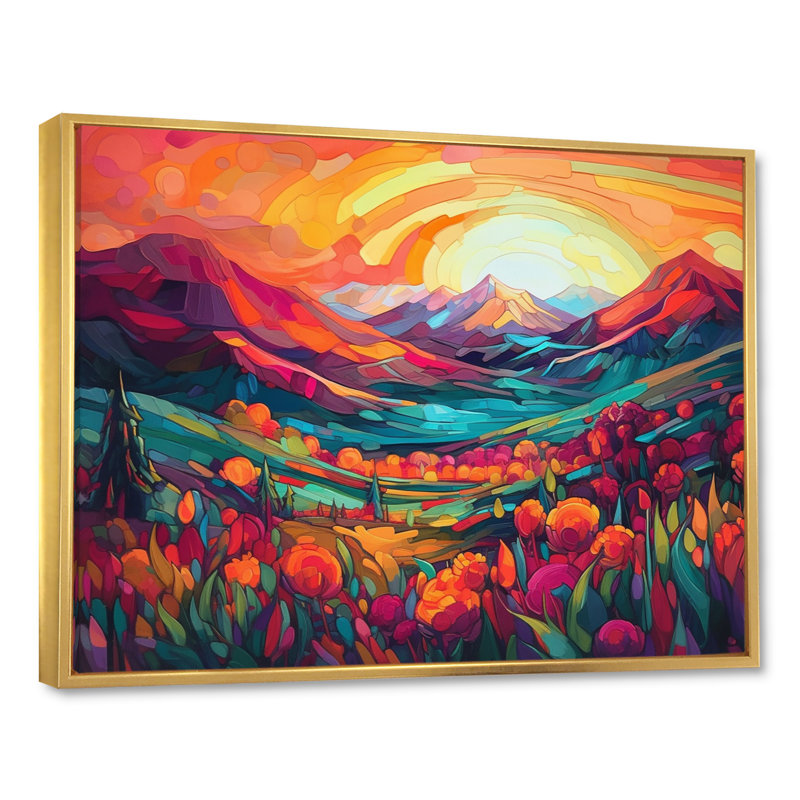 «Vibrant Sunset Shining Over Mountains I», art sur toile, H 34 po x l 44 po x P 1,5 po, Cadre flottant doré