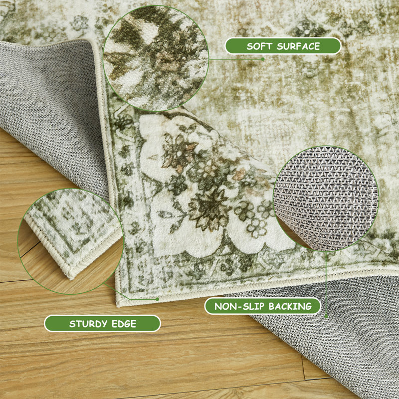 Royalton Non-Slip Machine Washable Oriental Indoor Area Rug in Green/Beige/Cream, Rectangle 9' x 12'