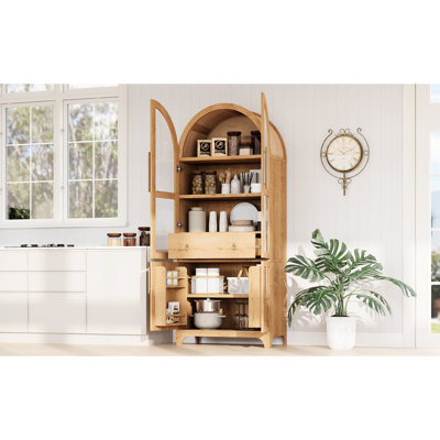Armoire garde-manger arquée de 71 po de hauteur avec rangement interne à 4 portes, étagères réglables et verre pour la cuisine