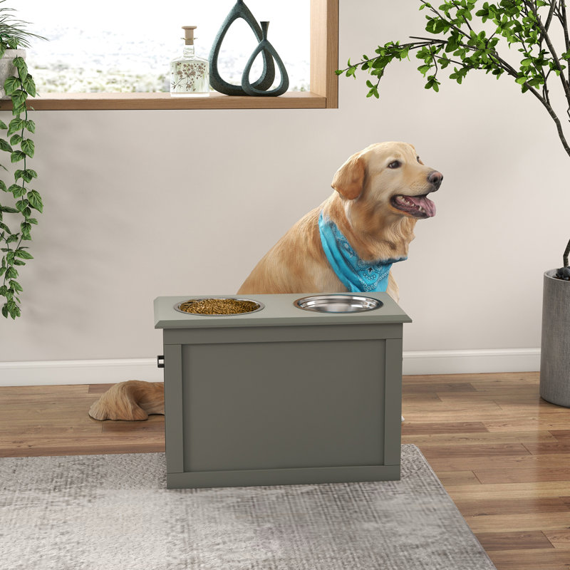 Large Dog Elevated Feeding Framework With 2 Stainless Steel Bowls, Grey - Improves Posture And Mobility, Easy To Transport, Has Storage Space For Pets Pet Structure Removable Minimizes Spine Strain,