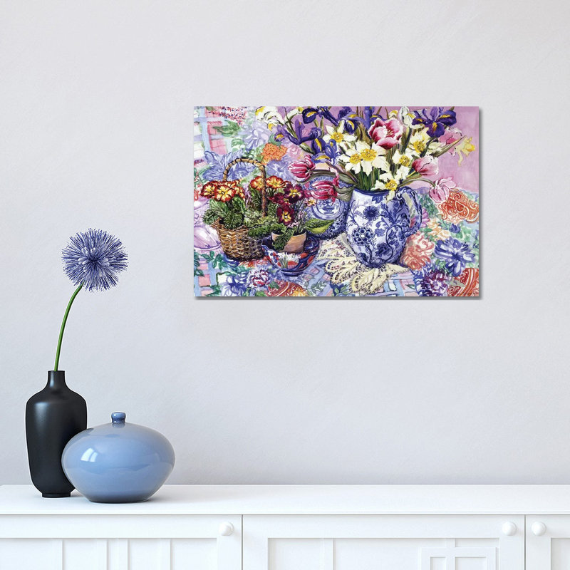Daffodils, Tulips and Iris in a Jacobean Blue and White Jug with Sanderson Fabric and Primroses, 2012 1 Piece Wrapped Canvas Wall Art