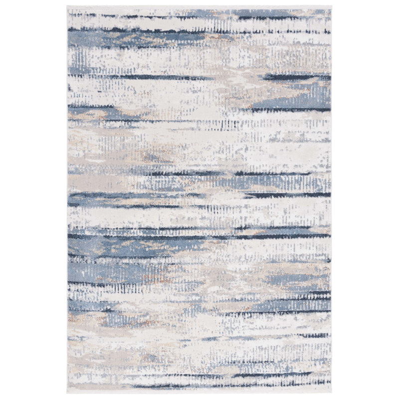 Tapis abstrait en polyester tissé à plat à la main en bleu / or, Rectangulaire 4 pi x 6 pi