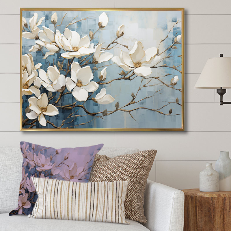 «Blue and Gold Painted Magnolias VI», art mural sur toile Magnolias, Reproduction avec cadre flottant, H 30 po x l 40 po
