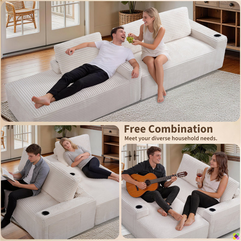 Kaneki 104.3"W Corduroy Compression Boneless LAF Sectional, High Back Cushion, No Assembly Required, Beige Corduroy