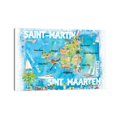 Saint-Martin Sint Maarten Antilles Illustrated Caribbean Map With Highlights Of West Indies Island Dream By Markus & Martina Bleichner - Wrapped Canvas Graphic Art by Markus & Martina Bleichner - Wrapped Canvas Gallery-Wrapped Canvas Giclée