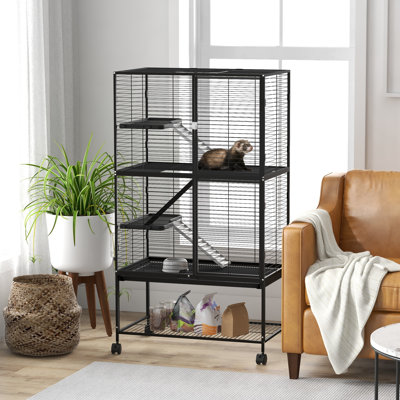 4-Tier Ferret Cage Rolling Small Animal Cage w/ Shelf, Black