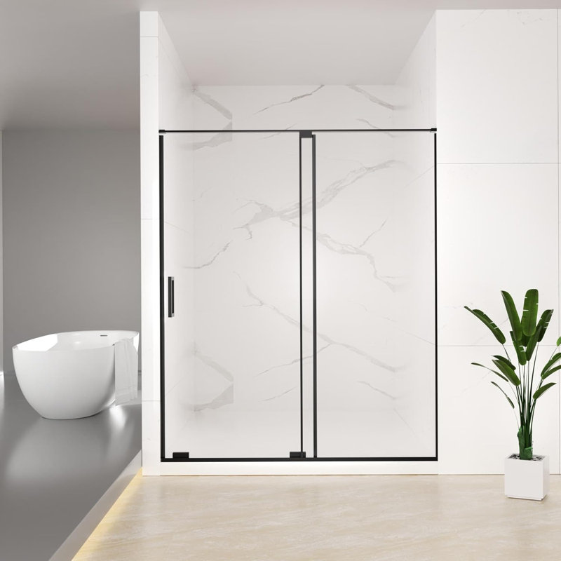 56-60" W X 72" H Semi-frameless Sliding Shower Door, 5/16"(8mm) Clear Scgg Tempered Glass, Matte Black Finish, Cut Adjustable Width 4"