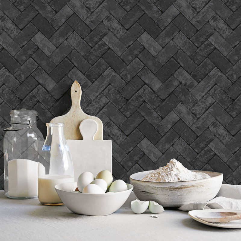 Fereol Herringbone Brick 10m X 53cm Wallpaper Roll, Black