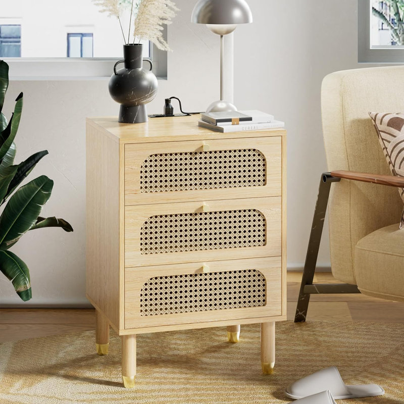 18.9'' W Solid Wood Legs 3-Rattan Drawer Nightstand with Charging Station, Yellow