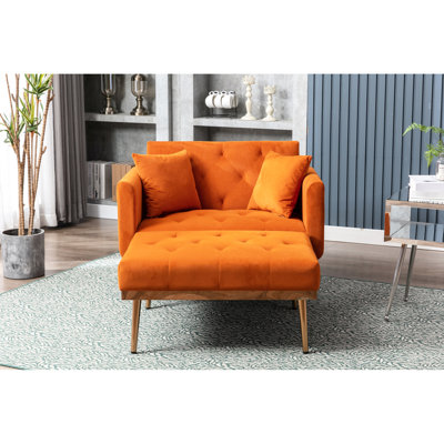 Chaise d'appoint à la mode et classique, velours, coussins réglables et moelleux pour la détente, le salon et la chambre à coucher (méridienne orange en velours avec coussins, accoudoirs à 3 niveaux (salon,