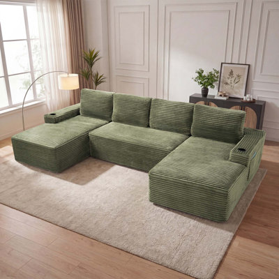 U-Shaped Corduroy Modular Sectional Sofa with Cup Holders Storage Pockets No Assembly for Living Room