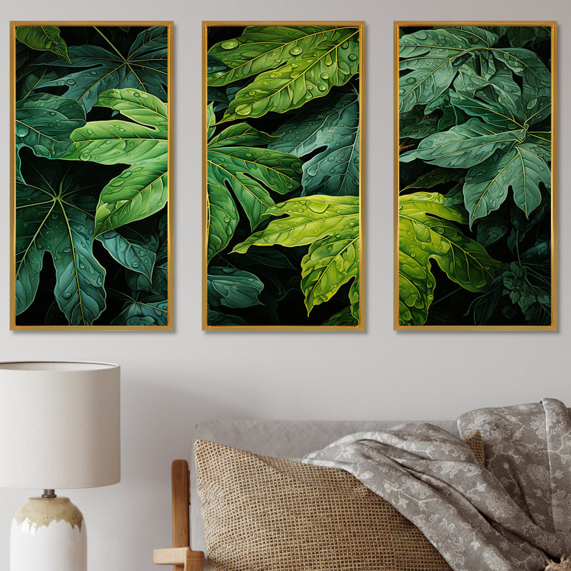 Toile émeraude, forêt tropicale, feuilles I - ensemble d'art mural sur toile, Cadre flottant doré, H 40 po x l 60 po x P 1 po