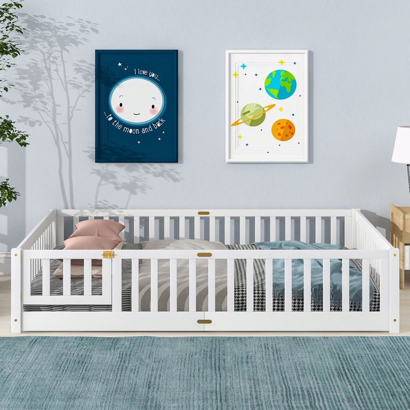 Platform Slat Bed with Door and Fence, White, Queen