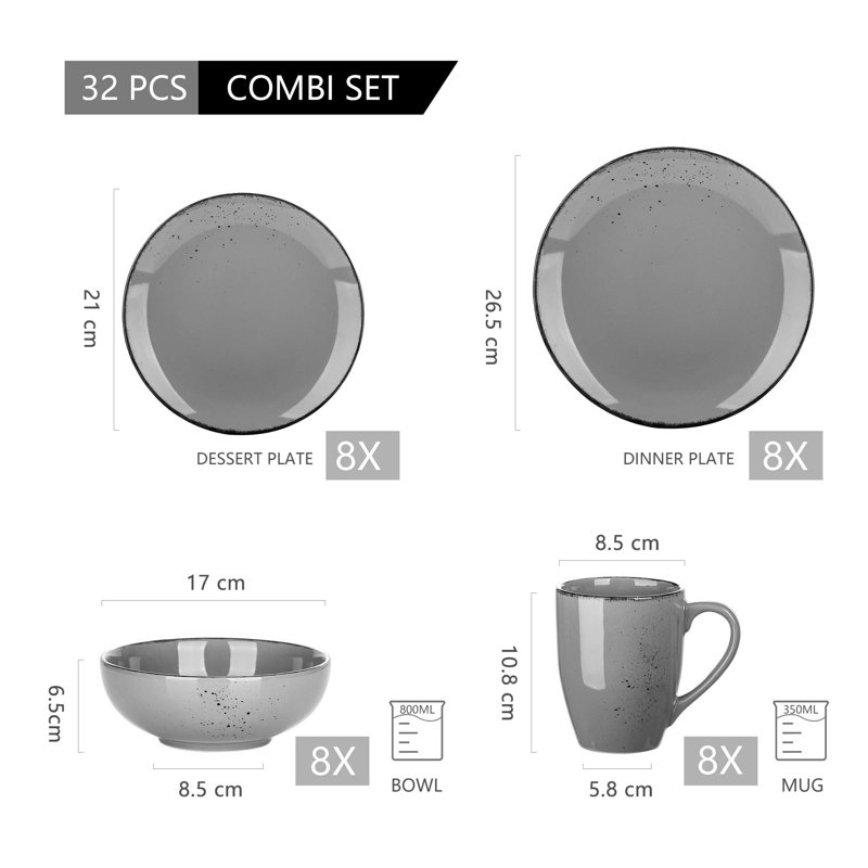 Laytoya Piece Ceramic Dinnerware Set - Service for 8, Grey/Brown/Blue
