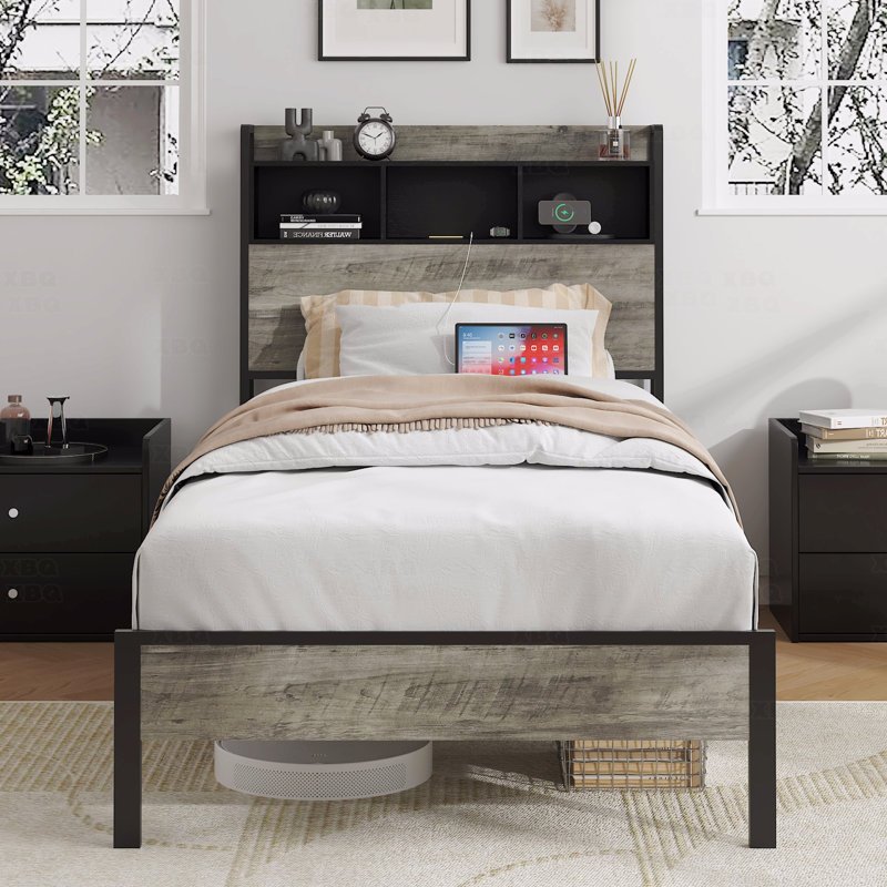 Structure de lit plateforme, en bois, avec rangement et 2 portes, sans bruit, Lit simple