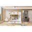 Lit superposé double au-dessus de double avec garde-corps en forme de maison et tablettes et tiroirs de rangement, blanc et naturel-1853319174