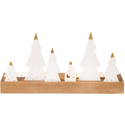 Forest Porcelain & Wood Holiday Tealight Holder Set