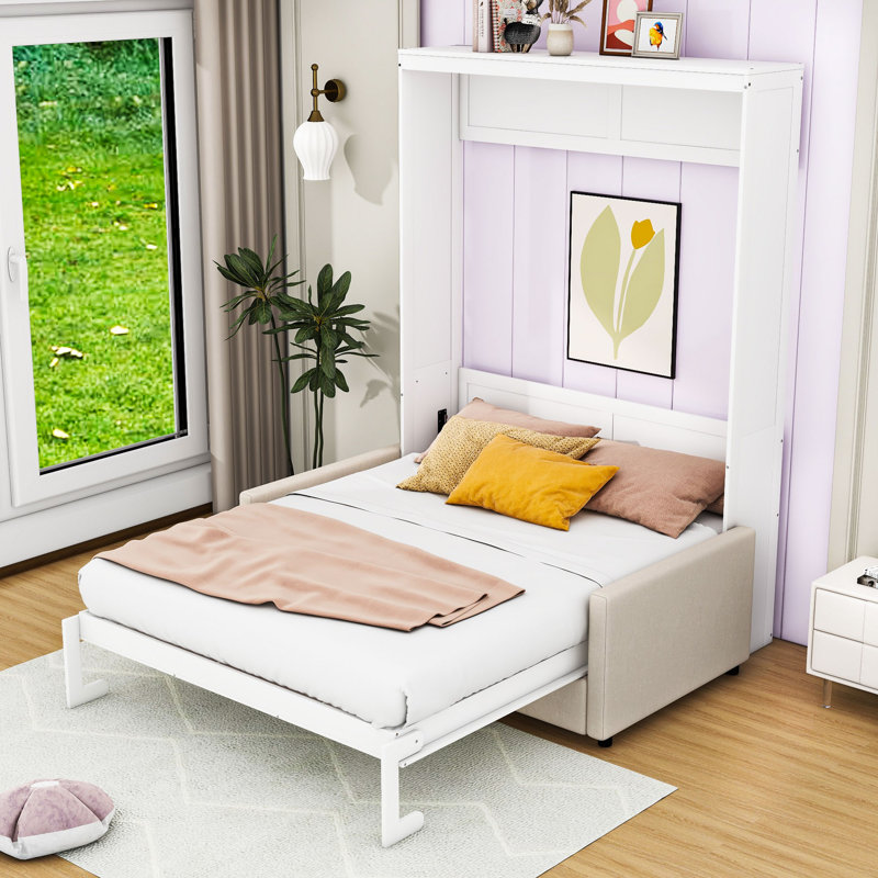 Lit escamotable en bois avec coussin, Blanc, Grand