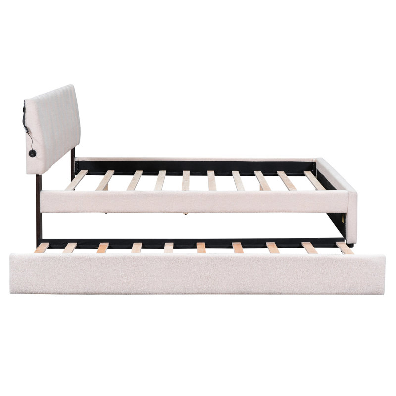 Grand lit plateforme tapissier avec lit gigogne simple TG - Beige pour une chambre classique et accueillante confortable