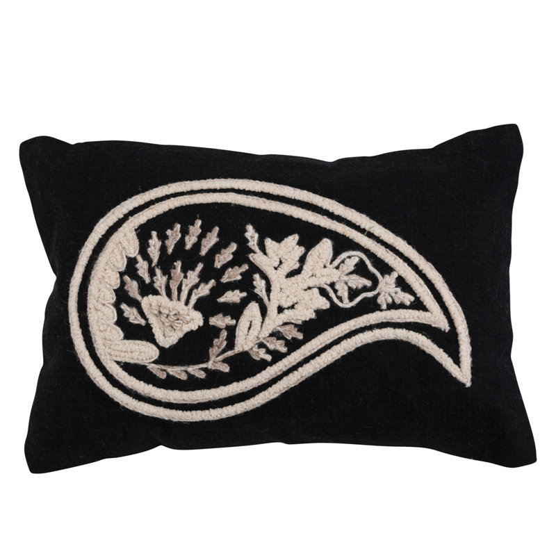 Black and White Cotton Embroidered Paisley Lumbar Pillow