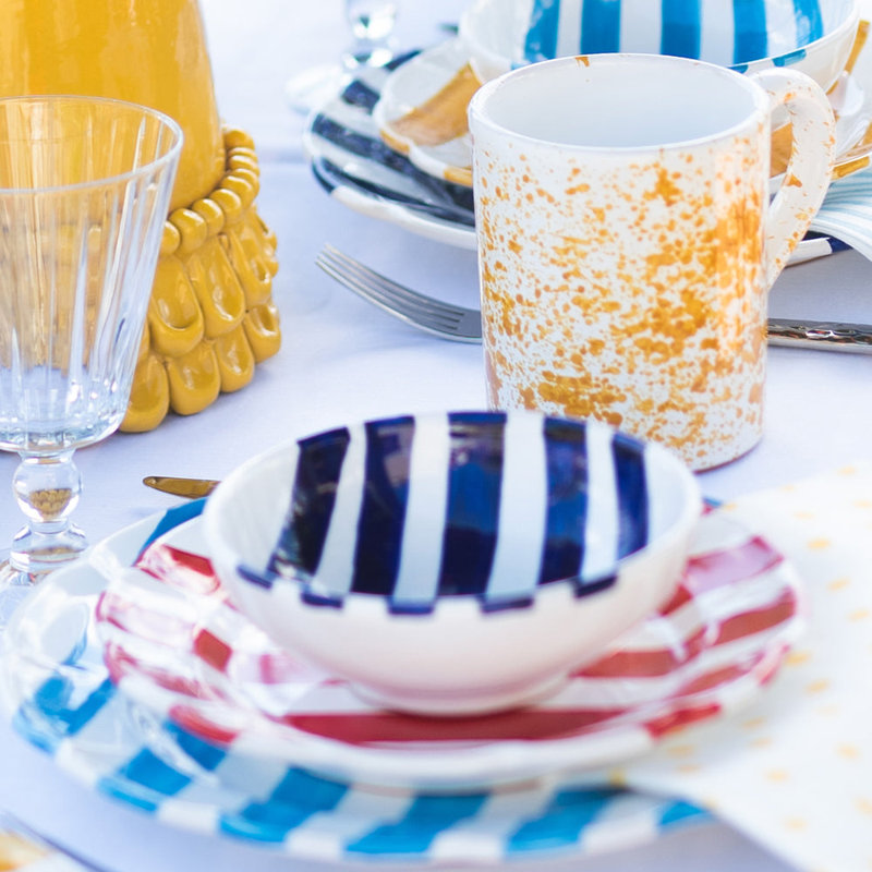 Amalfitana Handmade Terra Cotta Cereal Bowl, White/Cobalt