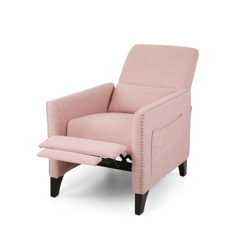 Fauteuil inclinable gain de place avec poche latérale, tissu rose poudré et structure en bois, style moderne