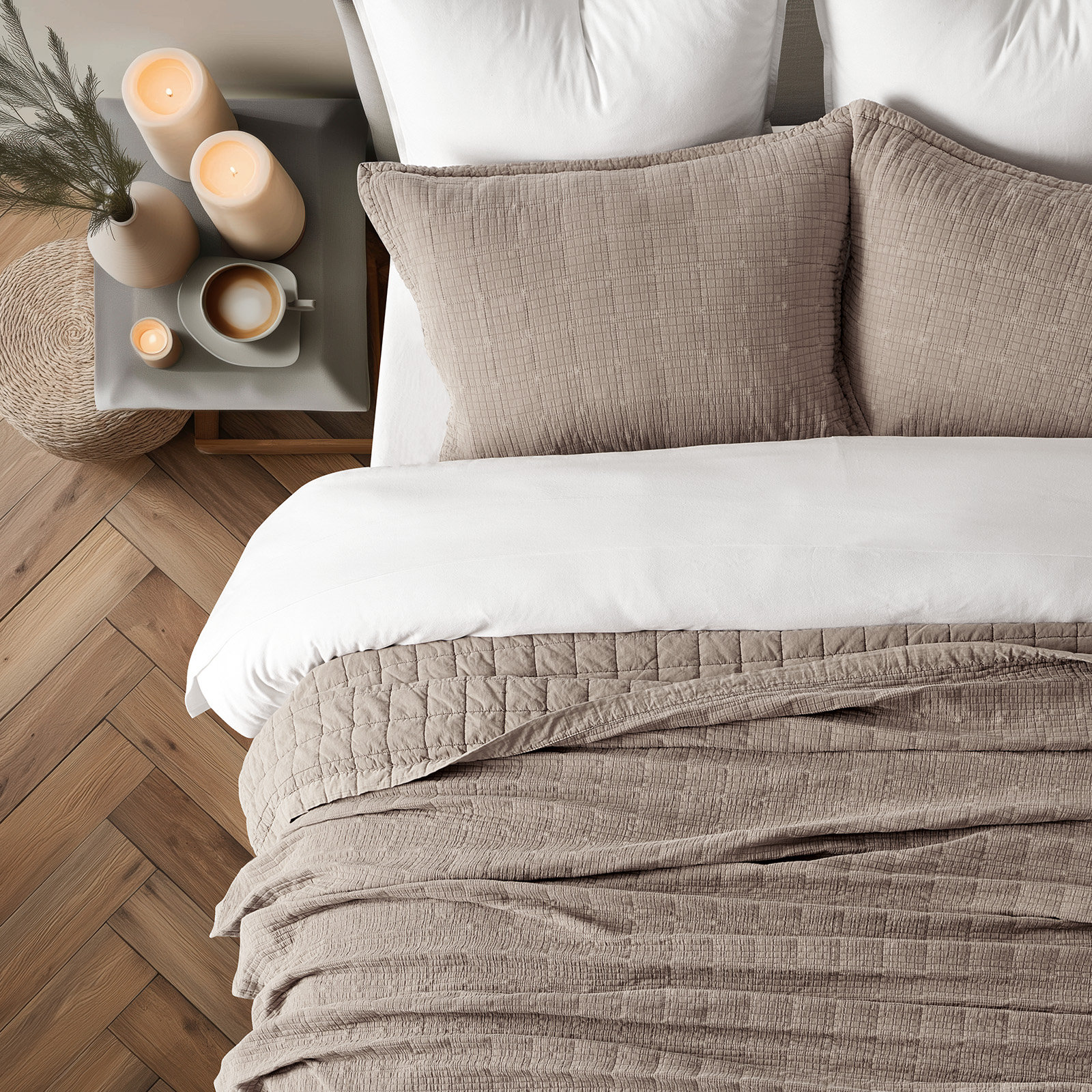 Stonewashed Crinkle Cotton Box Stitch Quilt Set, Truffle Taupe Brown, King Quilt + 2 King Shams