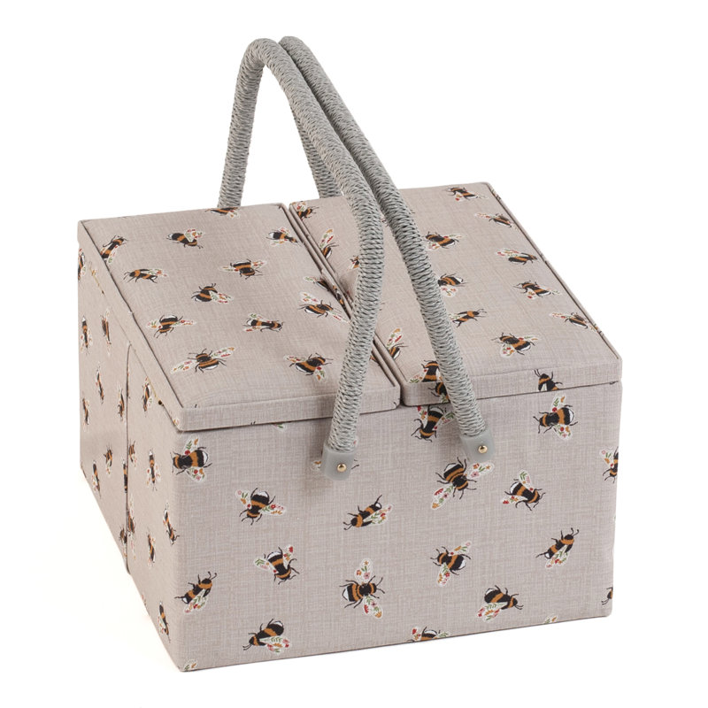 Hobby Gift Twin Lid Sewing Basket with Accessories Tray, 25 x 25 x 17cm, Bee Print