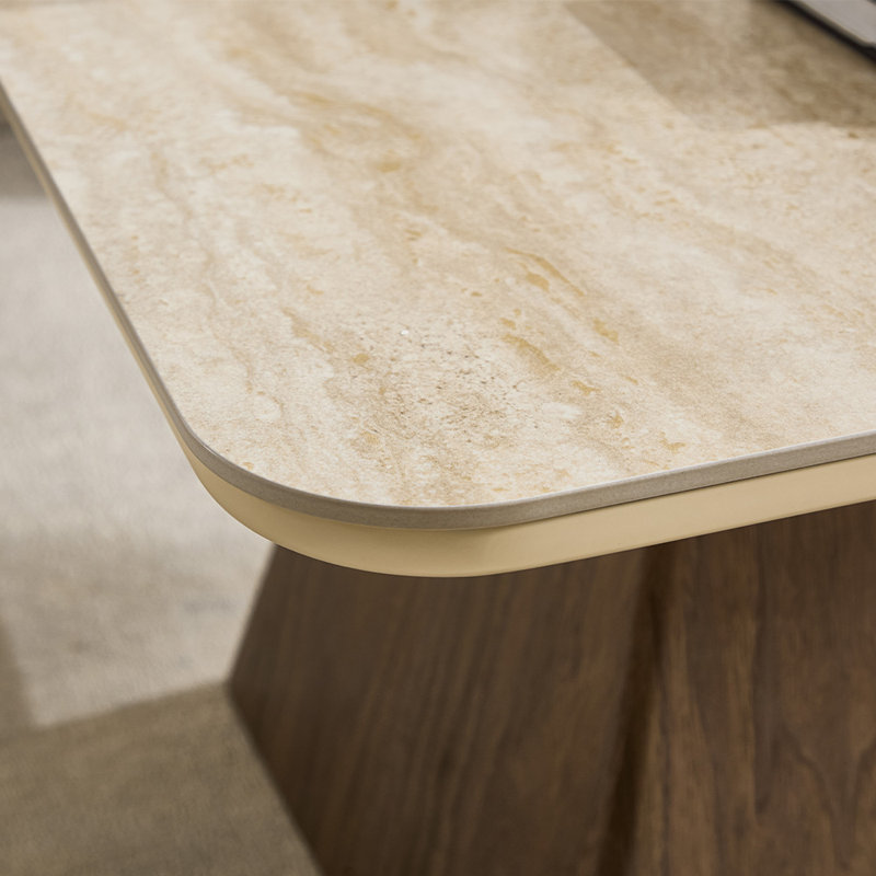 Modern Rectangular Travertine Textured Stone Coffee Table With Solid Wood Base For Living Room, Beige