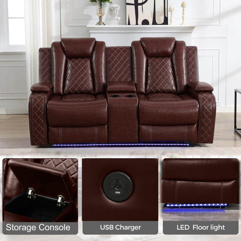 73.5" Power Recliner With Middle Console,LED Lighting Loveseat, Red