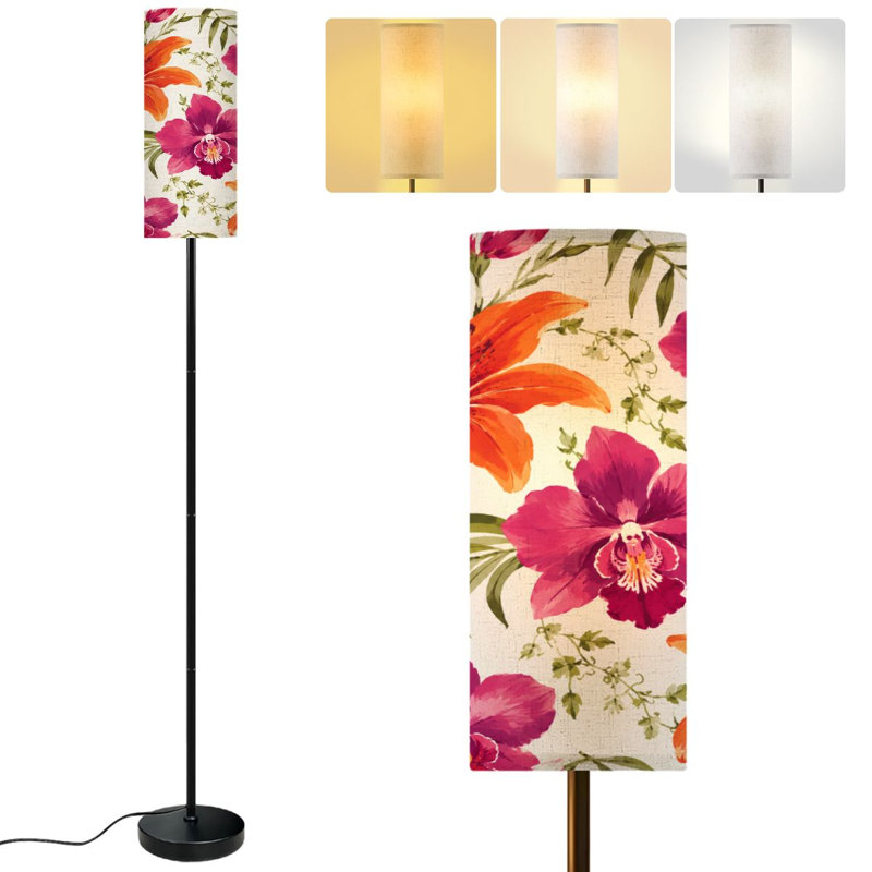  68.5" Standing Floor Lamp Bold Orange Pink Lilies Zebra Print Dimmable Metal Pole Lamp with Linen Lampshade LED Bulb Included
