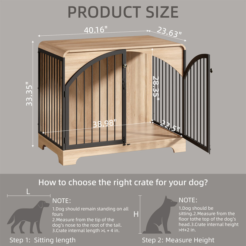 Meuble de 40 po avec cage pour chien de ferme, table de bout intérieure en bois pour chenil pour chiens de grande / moyenne taille, maisonnette décorative avec barres en métal arquées, chêne